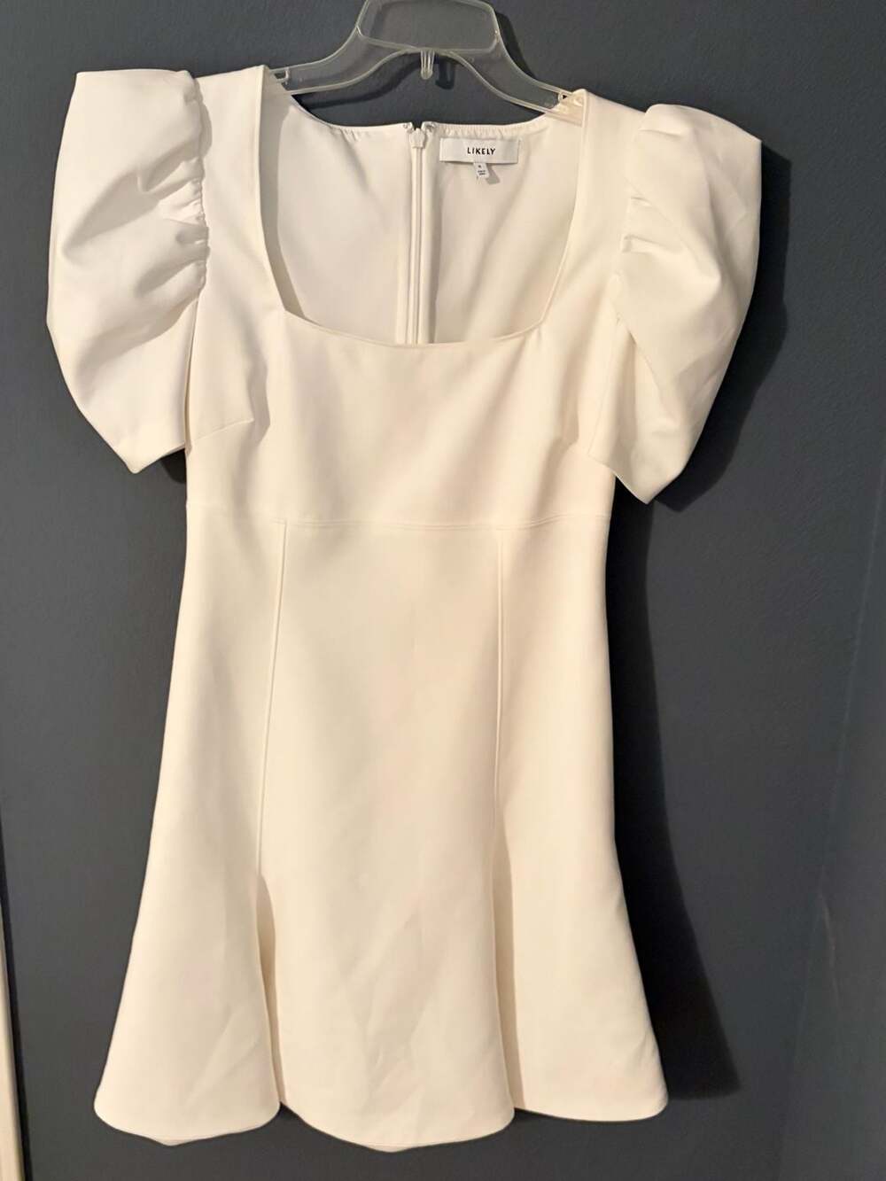 LIKELY Ivory Puff Sleeve Mini Dress Size 6 Square Neck Fit & Flare Party Bridal